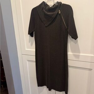 Calvin Klein M Sweater Dress Womens Zipper Collar Brown Ribbed Short Sleeve